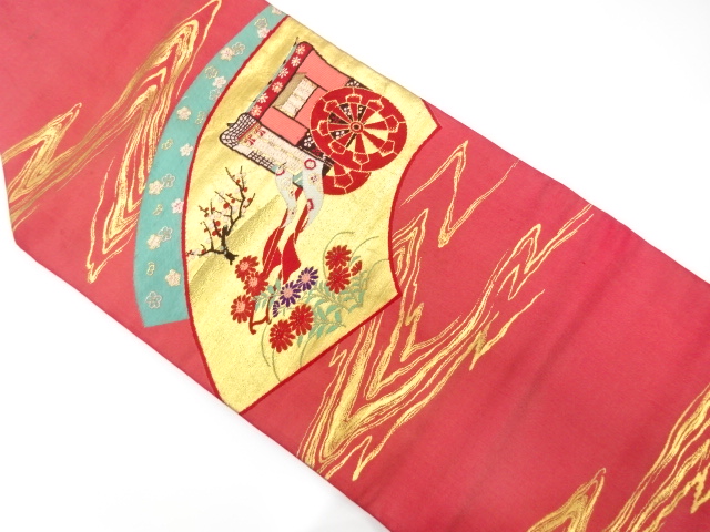 アンティーク　地紙に御所車・花模様織り出し名古屋帯（着用可）